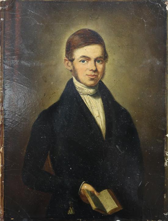 19th century English School, oil on board, Portrait of a young man holding a book, 20 x 15cm, unframed